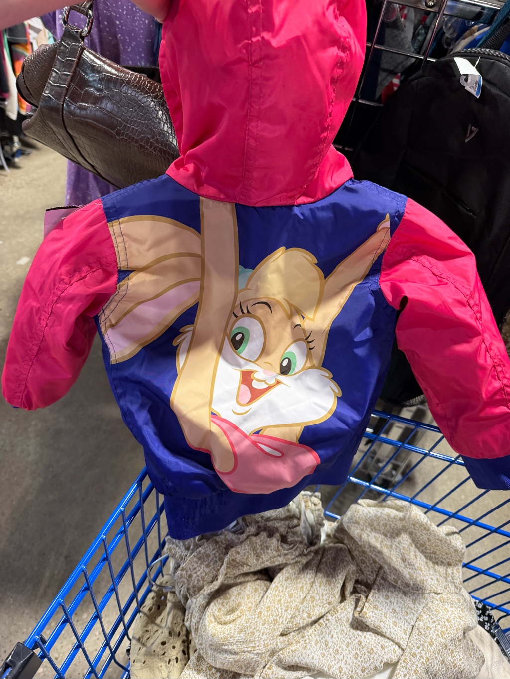 Members Only Kids Puffer Jacket In Hot Pink And Royal Blue With Bunny Graphic